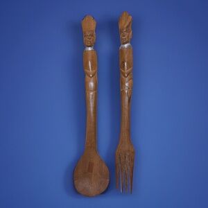 Vintage African Hand-carved Wooden Decorative Utensils - Large Spoon & Fork